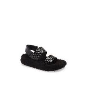 NWOT JEFFREY CAMPBELL Ardeman Sandal Black Sherpa Slide Quilted Gold Detail (7)